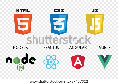 vector collection of web development shield signs: html5, css3, javascript, react js, angular,vue js and node js. Royalty-Free Stock Photo #1757407322
