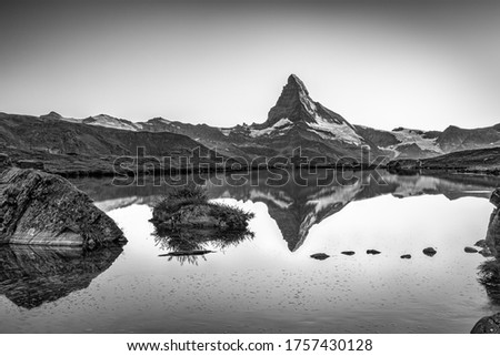 The summit of the Matterhorn reflected in the Lake Stellisee. Zermatt, canton of Valais, Switzerland