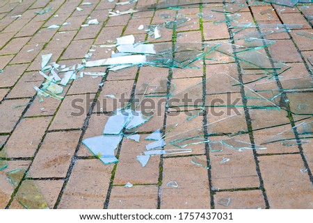Shards of broken glass. Pieces of broken glass on the paving stones. The concept of destruction. Image for editing and design.