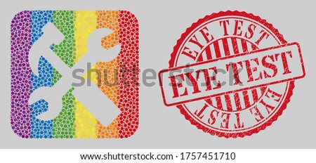 Distress Eye Test stamp seal and mosaic hammer and wrench subtracted for LGBT. Dotted rounded rectangle mosaic is around hammer and wrench subtracted space. LGBT rainbow colors.