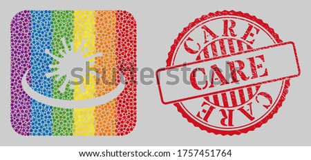 Distress Care stamp and mosaic virus care hands subtracted for LGBT. Dotted rounded rectangle mosaic is around virus care hands cut out shape. LGBT spectrum colors.