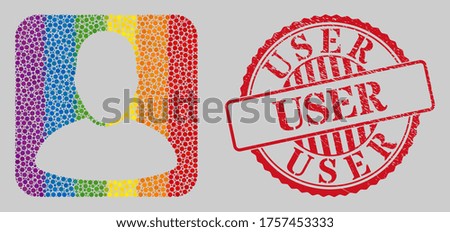 Distress User seal and mosaic user stencil for LGBT. Dotted rounded rectangle mosaic is around user stencil. LGBT spectrum colors. Red round rubber seal with User title.