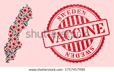 Vector mosaic Sweden map of flu virus, inoculation icons, and red grunge vaccination stamp. Virus items and vaccination items inside Sweden map. Red imprint with grunge rubber texture and vaccine tag.