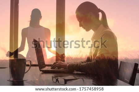 Young woman in the office feeling at peace and relaxed in her mind. Work, health and positive stress management concept. Double exposure 
 Royalty-Free Stock Photo #1757458958