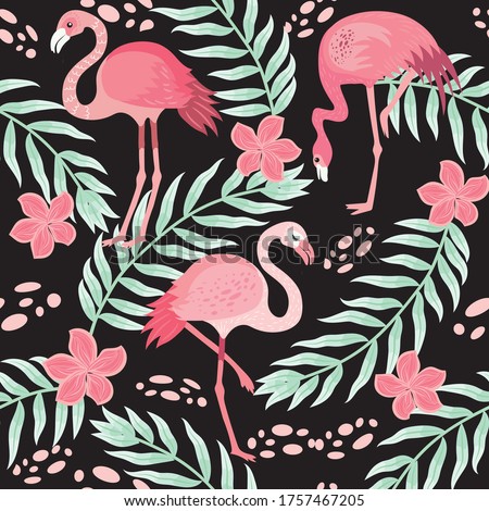 pink flamingos in different poses. seamless pattern. vector image. for printing on fabrics, paper cups, wrapping paper, phone cases. background with exotic birds, tropical plants, flowers and leaves