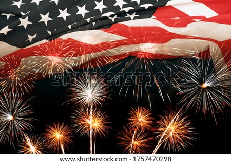 double exposure of American (USA) flag with firework for Memorial Day on 4th of July , Independent day background