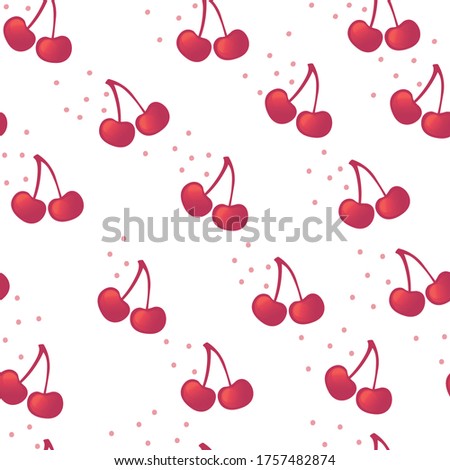 Seamless pattern with fresh red cherries berry flat vector illustration on white background