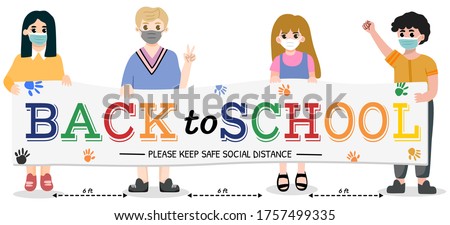 Children boy and girl wear medical mask and keep social distance holding "back to school" banner. New normal concept. Back to school after coronavirus quarantine and lockdown. Vector illustration flat