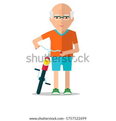 Elderly man riding a bicycle. Cycling in the park. Grandpa pleased and happy.Cartoon flat illustration.