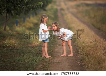 Two twin sisters are standing on a country road and eating raspberries. One girl put berries on her fingers on her hand.
Image with noise effects and selective focus.