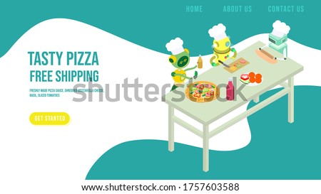 Tasty pizza free shipping web banner, robot make italian pizzeria 3d isometric vector illustration. Concept landing preparation food page button home and contact us. Get starting internet site.