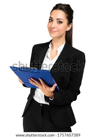 Portrait of a beautiful businesswoman holding a clipboard isolated on white background
