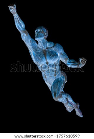 muscleman anatomy heroic body is flying up in white background, 3d illustration