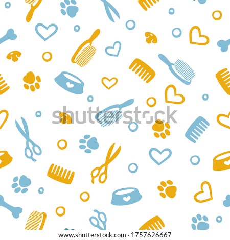Seamless pattern with tools and supplies. Colorful background for grooming salon and pet shop, t-shirt, apparel print, web page, surface texture and fabrics. Paw, bone, scissors, bowl, nose, dog  Royalty-Free Stock Photo #1757626667