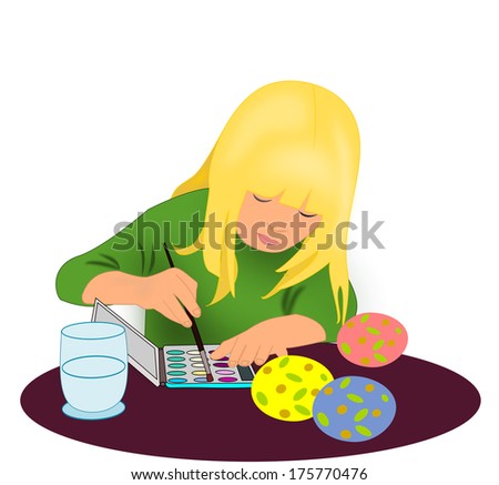 A little girl sitting and painting Easter Eggs. 
