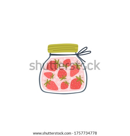Strawberries in glass jar. Cartoon berry jam. Flat vector illustration for posters, cards, t-shirt design, stickers.