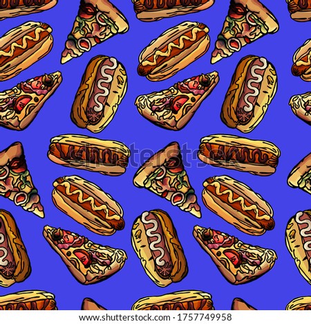Seamless background of pizza and hot dog on dark blue background, cartoon style isolated on white background, packaging, snack bar, cafe, dinner,students, food, food advertisement, gift paper wrapping