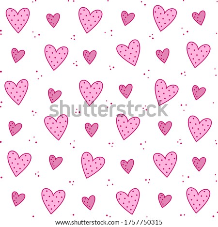 Hand drawn seamless pattern with doodle hearts. Cute romantic pink hearts and polka dot. Vector abstract background. Valentine's Day, holidays clip art design element.