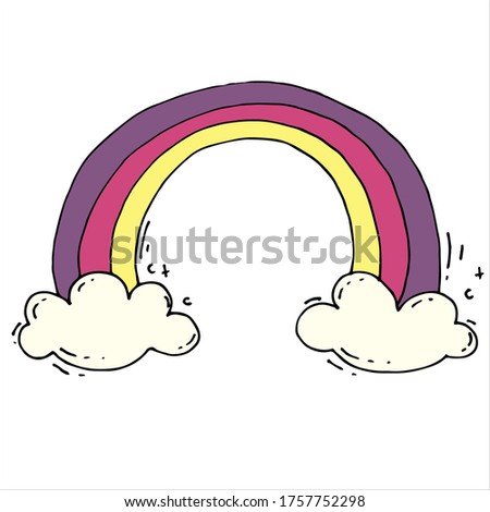 stock illustration in doodle style, cartoon, flat. bloom rainbow and clouds. cute drawing for children, graphic design element for cards, wallpapers, textiles, wrapping paper. isolated on white back