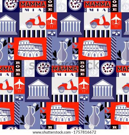 Rome city seamless decorative pattern design . Travel and tourism series.