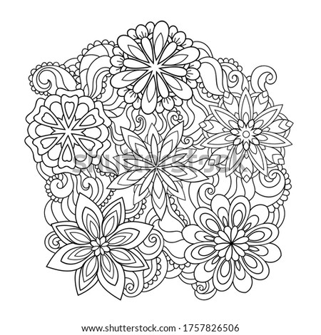 Abstract fantasy flowers and simple doodle pattern on white isolated background. For coloring book pages.