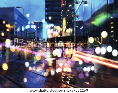 night city blurred light building  street wet asphalt after rain urban lifestyle car traffic colorful  light 