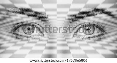 Surreal portrait of a young girl covering geometric background with checkered texture - Abstract illusion