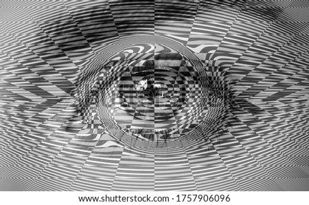 Surreal eye of a young girl covering geometric background with checkered texture - Abstract illusion