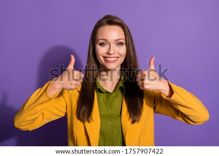 Photo of confident beautiful lady successful person raise thumb fingers up express agreement wear yellow office blazer suit green blouse shirt isolated purple pastel color background