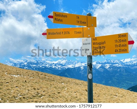 Mountaineering signposts and markings on peaks and slopes of the Pilatus mountain range and in the Emmental Alps, Alpnach - Canton of Obwalden, Switzerland