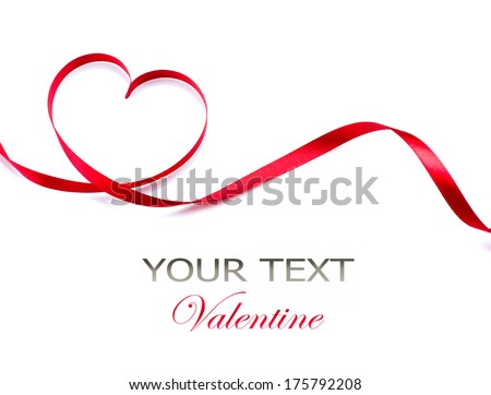 Valentine Heart. Elegant Red satin gift Ribbon. Isolated on white. Border design. Red silk ribbon curves Frame