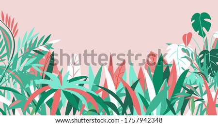 Grass, background, various summer tropical plants, banner red, turquoise, spring foliage, cartoon style vector illustration. Herbal garden, exotic leaves, natural environment, colorful flyer design