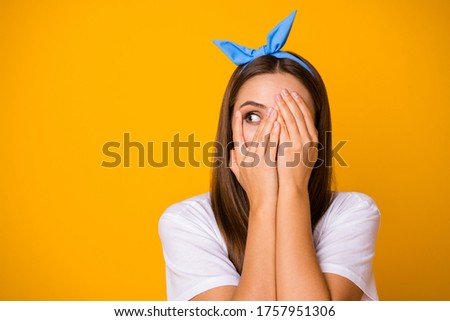 Close up photo of scared frustrated girl hide palms face look copyspace feel fear about her mistake wear trend pop shine clothes isolated over bright shine color background