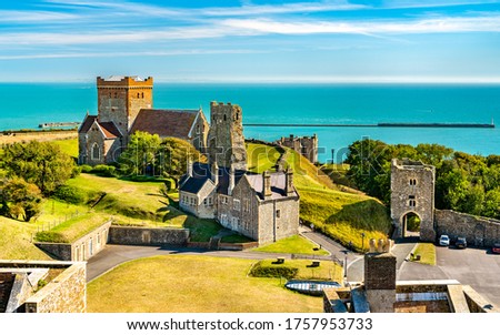 St Mary in Castro Church and a Roman lighthouse at Dover Castle in Kent, England Royalty-Free Stock Photo #1757953733