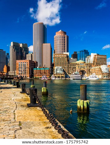 The Boston skyline, seen from across Fort Point Channel.