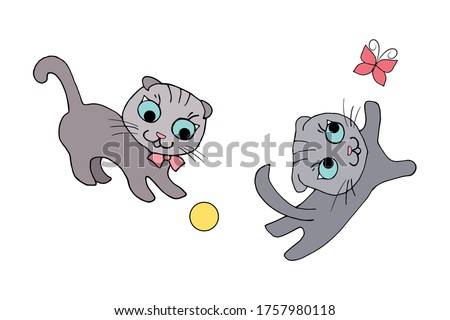 Set of isolated objects two gray scottish fold  kittens play with butterfly and ball. Vector illustration for the poster, tee shirt, pillow, home decor, kids.