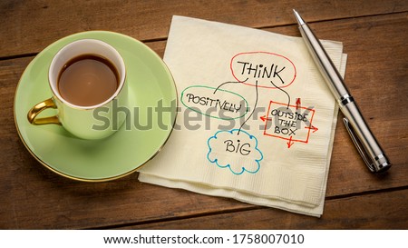 think positively, big and outside the box - motivational napkin doodle placed on wooden table with espresso coffee cup, business, education, personal devleopment concept