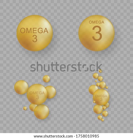 Nutrition omega 3 composition for poster, banner. Vitamin deficiency pill. Omega 3 icon in flat style. Fish, oil bottle, pill capsule, softgel pills, vector realistic illustration. EPS 10. 