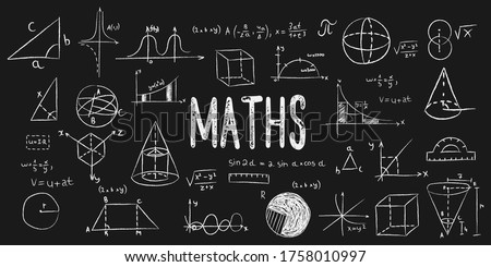 Maths doodle with formulas, numbers and objects. School lesson math, numbers, formulas, graphics, equations. Concept of education and home-based online learning. Hand drawn vector illustration.
