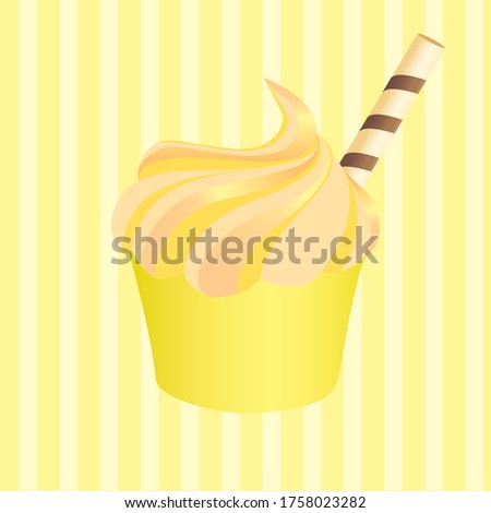 Yellow cupcake on stripped background. Vector illustration.