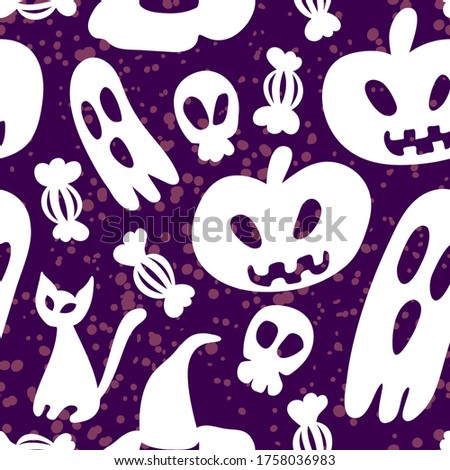 Halloween Holiday Pattern, Candies, Cat, Ghost, Pumpkins Pattern, Seamless Pattern.