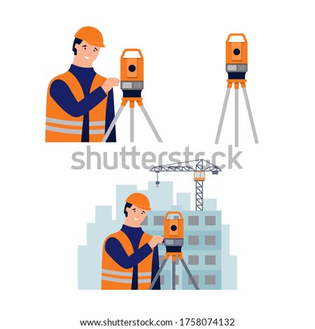 Surveyor, cadastral engineer, cartographer and theodolite. Set of vector illustration in flat style on white background Royalty-Free Stock Photo #1758074132
