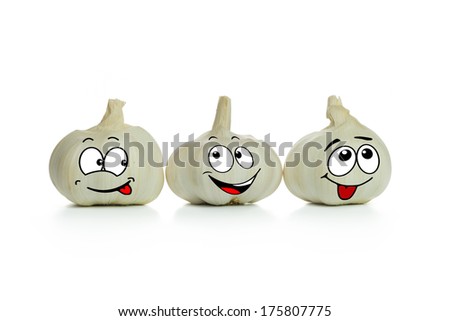Three lovely garlic cartoon characters in a low