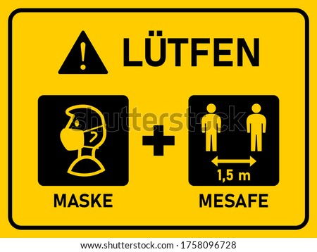 Horizontal Signboard with Basic Set of Measures against the Spread of Coronavirus in Turkish including Please Wear a Face Mask and Keep Your Distance 1,5 m or 1,5 Metres. Vector Image. Royalty-Free Stock Photo #1758096728