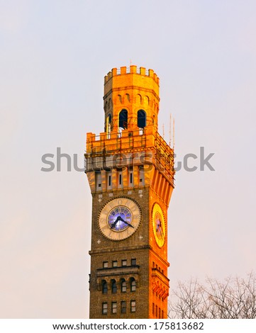 Emerson Bromo-Seltzer Tower in Baltimore downtown. Sun rays lit the top of the historic clock tower in Baltimore.