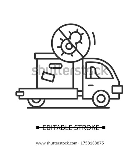 Delivery truck icon. Courier pickup car with box and corona virus stop line pictogram . Order delivery and post service logistic illustration in corona virus retail lockdown. Editable stroke vector