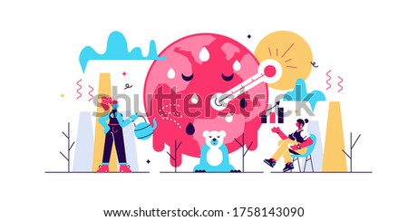 Climate change vector illustration. Flat global warming tiny persons concept. Nature environment danger because energy business industry and air pollution. Temperature rising and animal extinction.