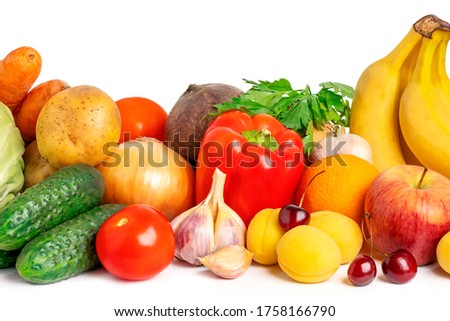 Healthy food background. Vegan organic vegetables and fruits on white. Banner for supermarket.