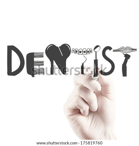 doctor hand drawing design word DENTIST as concept