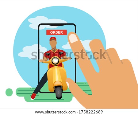 Food and fast food delivery online on smartphone. Food service. Food delivery boy on scooter. Business concept design.Vector illustration.